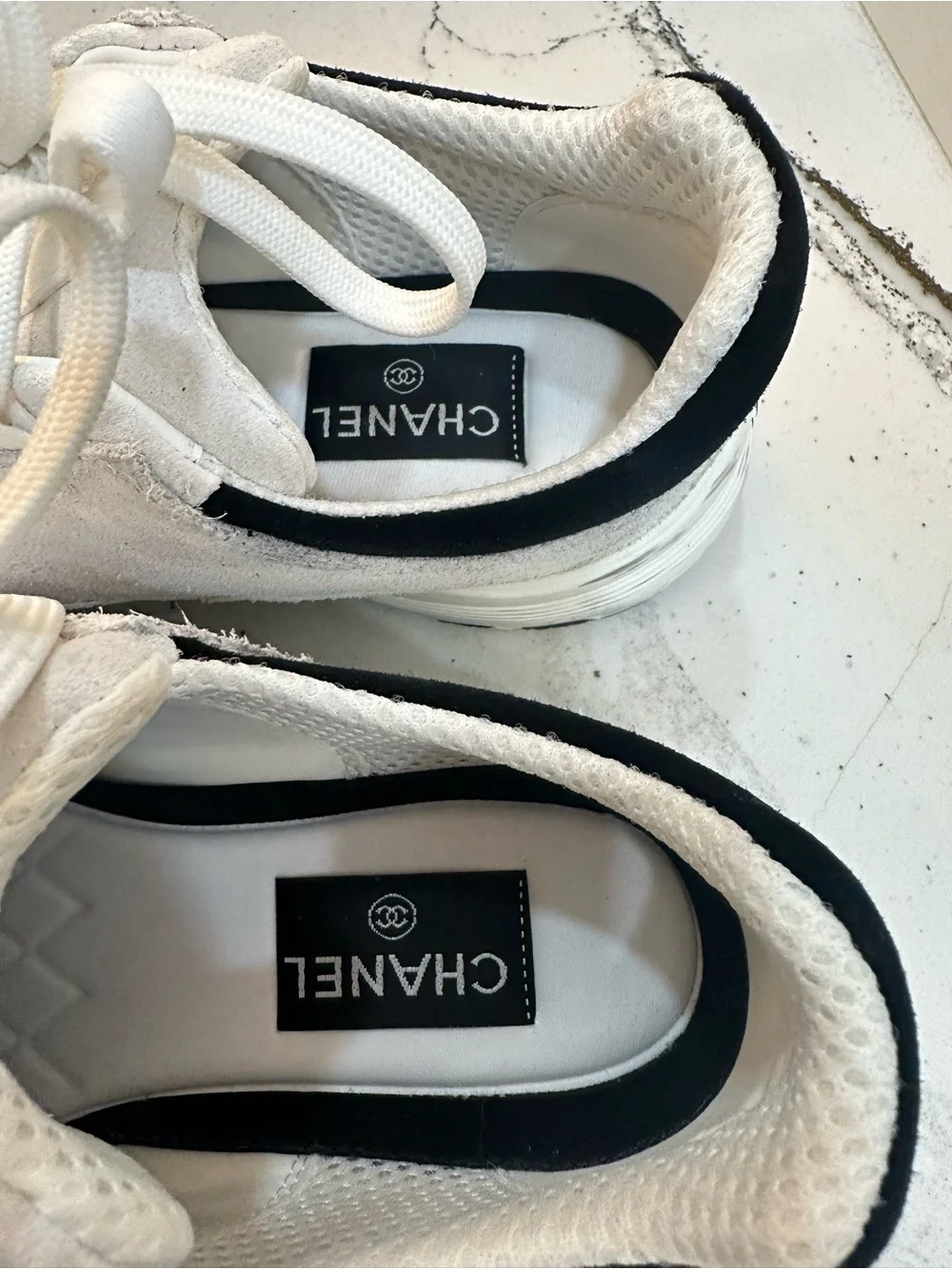 CHANEL White and Black Lace-Up Suede & Sneakers Size 39